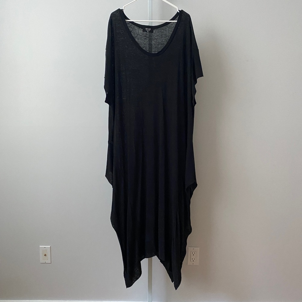 REVIR Linen Boho Relaxed Beachy Slouchy Lagenlook Sharkbite Kaftan OS Black